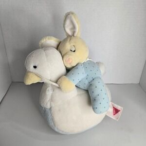 Dakin 1991 Plush Baby Bunny On White Duck Goose 10.5" Wind Up Music Box Musical